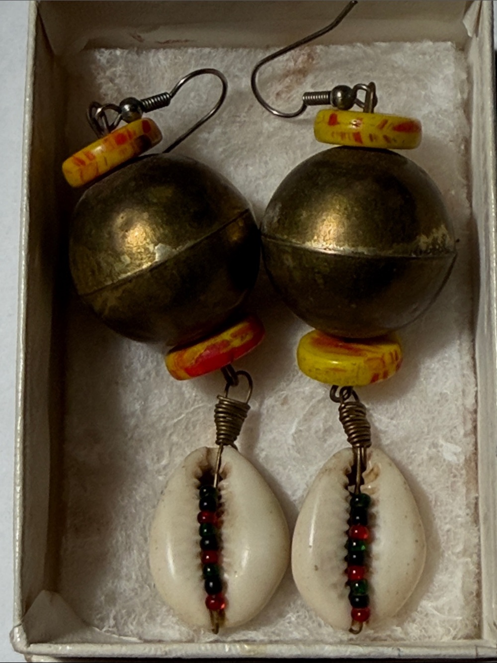 Handmade Brass, Yellow & White Cowrie Shell Beaded Drop Earrings